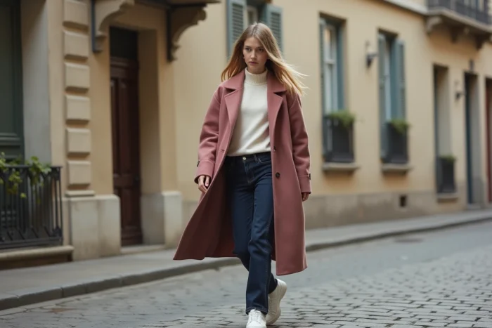 Adolescente en manteau oversize Acne Studios rose poudré marchant sur un trottoir pavé dans un quartier européen