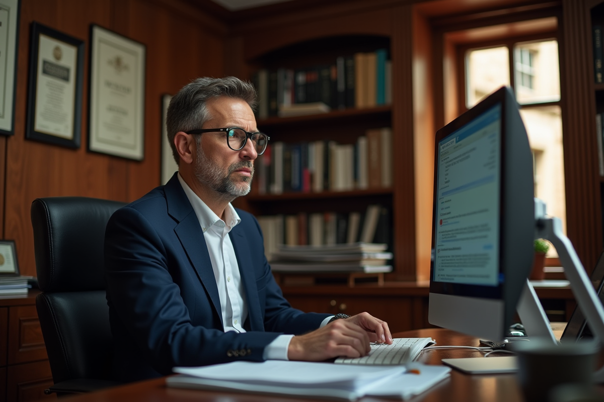 Un homme d age moyen consulte ses emails dans son bureau universitaire