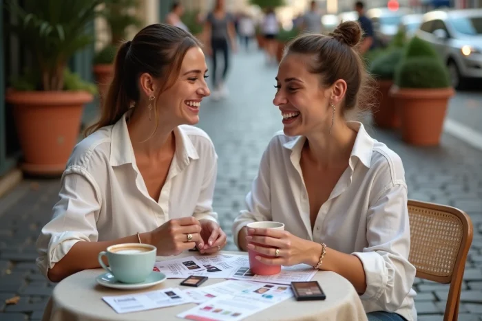 Deux amies comparant des bons plans et coupons maquillage gratuits dans un café parisien