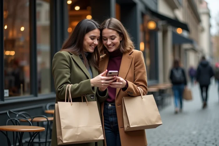 Deux amies découvrant ensemble les avantages du programme de parrainage Zalando Privé en ville