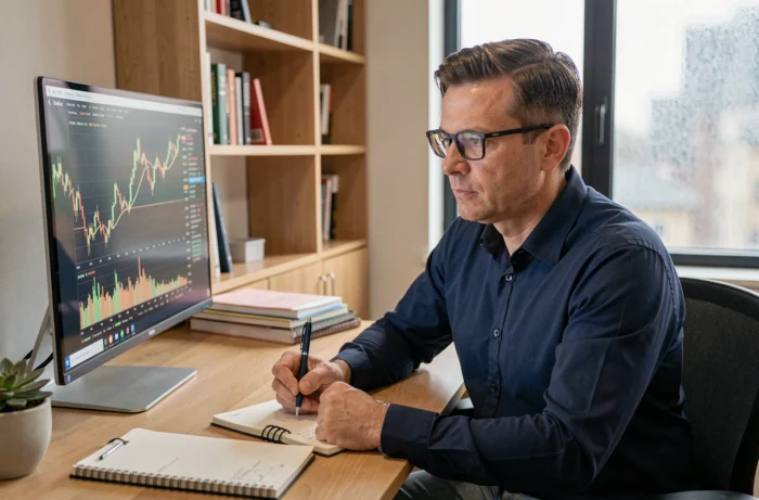 Homme concentré analysant des graphiques boursiers sur un écran d'ordinateur dans un bureau à domicile moderne