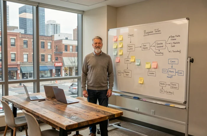 Expert en UX design présentant un schéma d'architecture de site web efficace sur un tableau blanc en salle de réunion agence