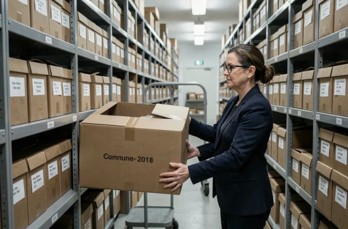 Archiviste extrayant des registres d'état civil par commune dans une salle d'archives départementales française