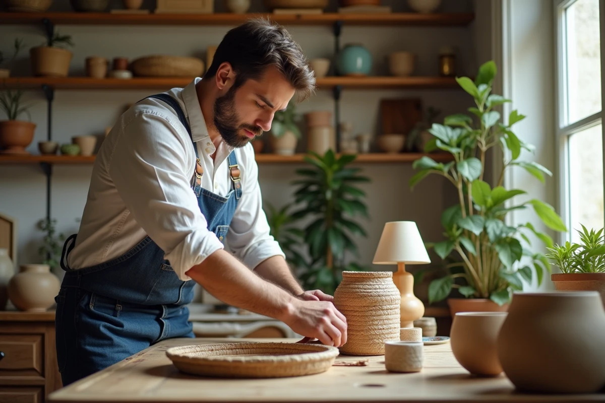 Jeune artisan français arrangeant des objets de décoration dans un salon parisien