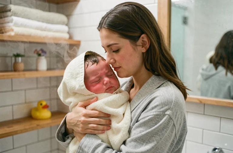 Mère enveloppant son bébé fatigué dans une serviette après le bain, yeux mi-clos et joues roses de sommeil