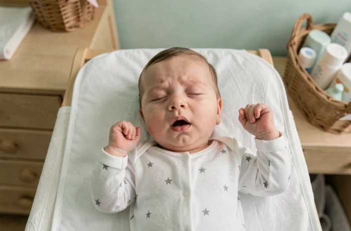 Bébé épuisé après le bain allongé sur la table à langer, yeux fermés et expression paisible de sommeil