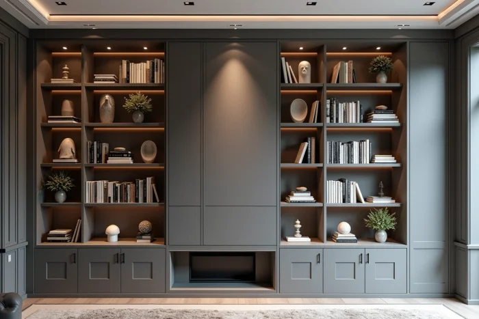 Bibliothèque intégrée construite autour d'un coffre technique de ventilation, transformé en élément décoratif symétrique dans un salon aménagé