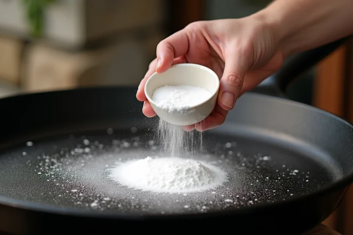 Saupoudrage de bicarbonate de soude sur des résidus carbonisés d'une plancha en fonte émaillée