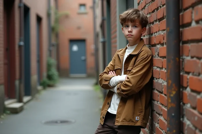 Adolescent portant un Carhartt WIP Chore Coat marron et un pantalon de travail contre un mur de briques industriel