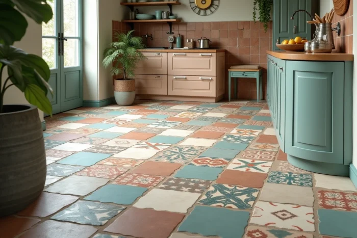 Carreaux de ciment dépareillés posés en patchwork sur un sol, combinant motifs géométriques variés en bleu, terracotta et vert sauge