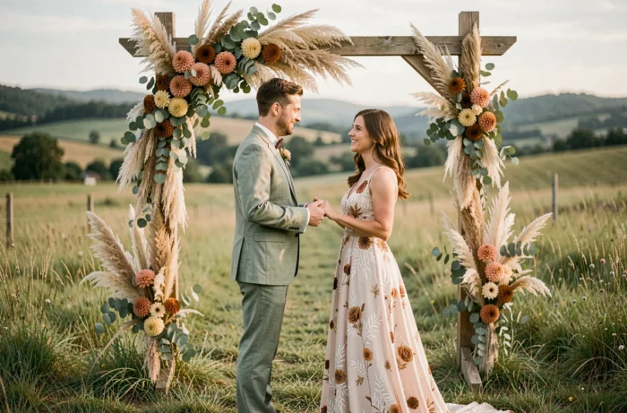 Couple échangeant leurs vœux lors d'une cérémonie de mariage bohème en plein air sous une arche en bois décorée de fleurs séchées