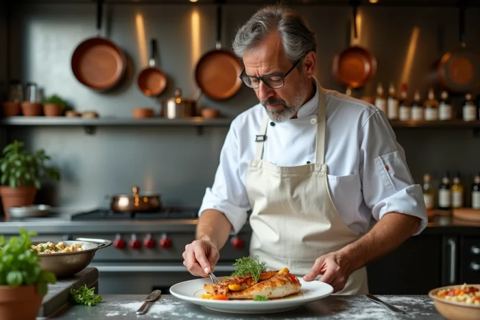 Chef cuisinier préparant un plat de daurade grillée à la manière espagnole dans la cuisine ouverte d'un restaurant de Dancharia