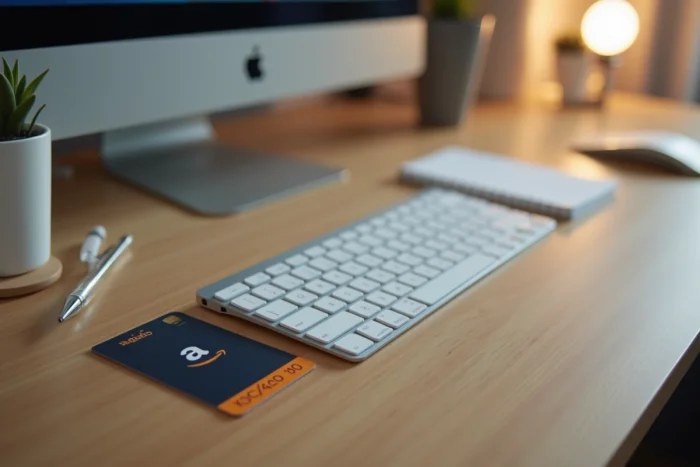 Chèque cadeau Kadéos posé sur un bureau avec un écran Amazon en arrière-plan flou
