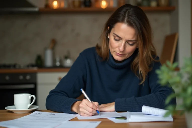 Femme écrivant un chèque différé à la maison avec un calendrier 2026 et des reçus de courses Leclerc