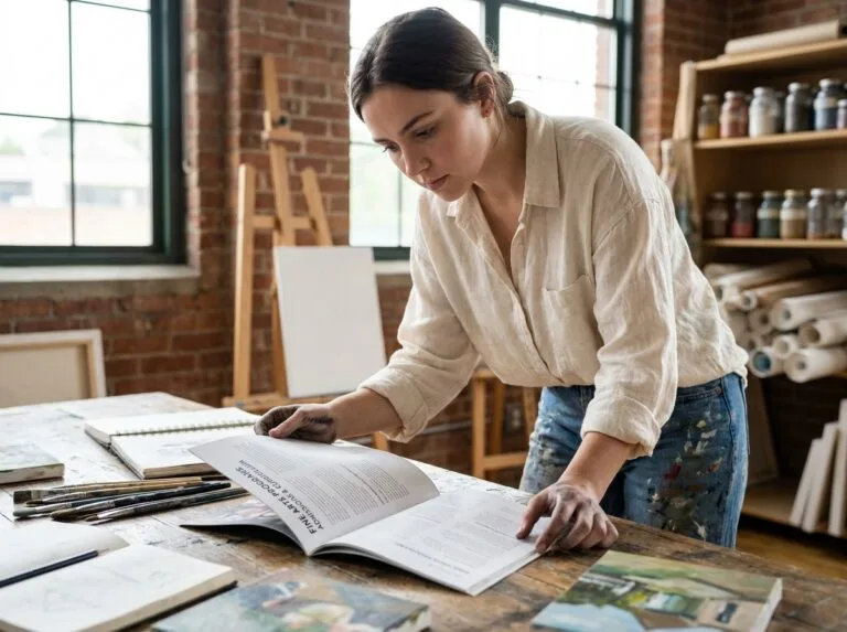 Jeune femme étudiant des brochures de formations artistiques dans un atelier de peinture