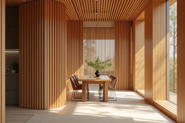 Claustra en tasseaux de bois positionné comme séparateur entre une salle à manger et un salon, laissant passer la vue tout en structurant l'espace
