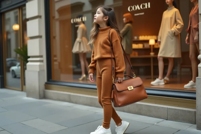 Adolescente tenant un sac Coach Tabby en cuir camel devant la vitrine d'une boutique Coach dans une rue commerçante