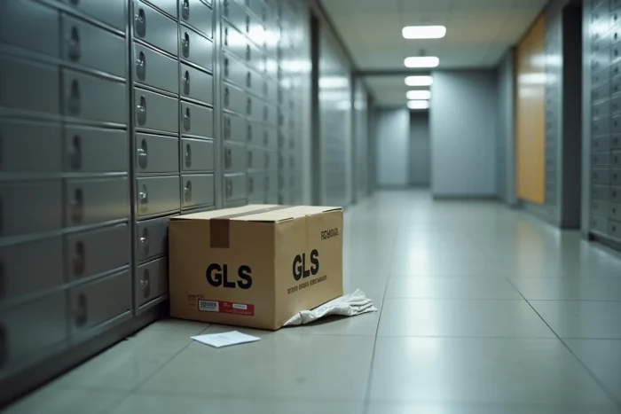 Colis GLS déposé dans un couloir d'immeuble près des boîtes aux lettres avec un avis de passage