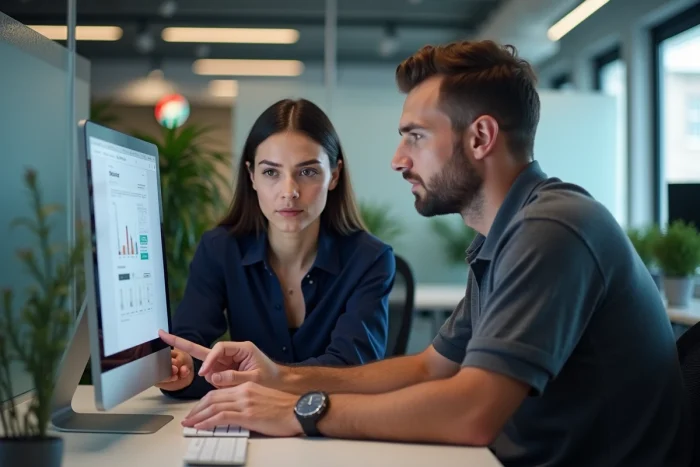 Deux collègues accédant ensemble à un tableau de bord de services en ligne Akeonet dans un bureau moderne