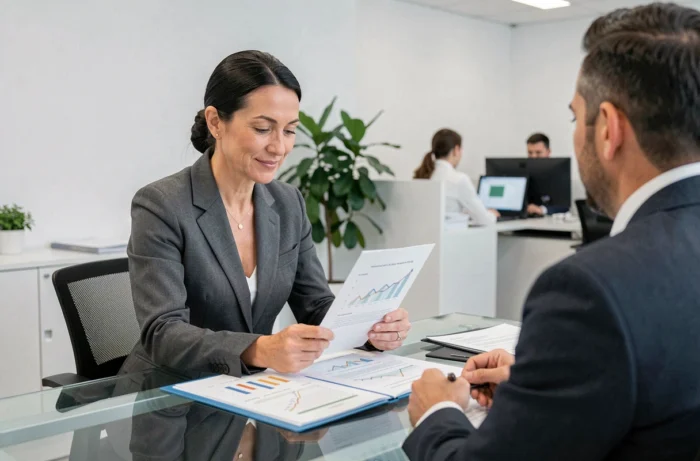 Femme discutant de son portefeuille d'investissement avec un conseiller financier dans une agence bancaire moderne