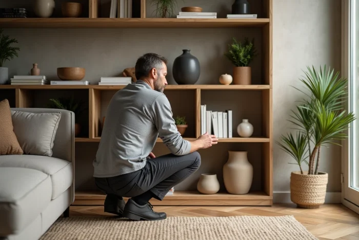 Homme réorganisant des étagères de salon avec livres, plantes et objets décoratifs dans un intérieur chaleureux au parquet en chêne