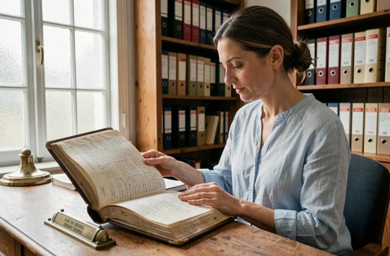 Femme consultant un registre de mariages dans une mairie française, feuilletant un grand livre d'archives manuscrites