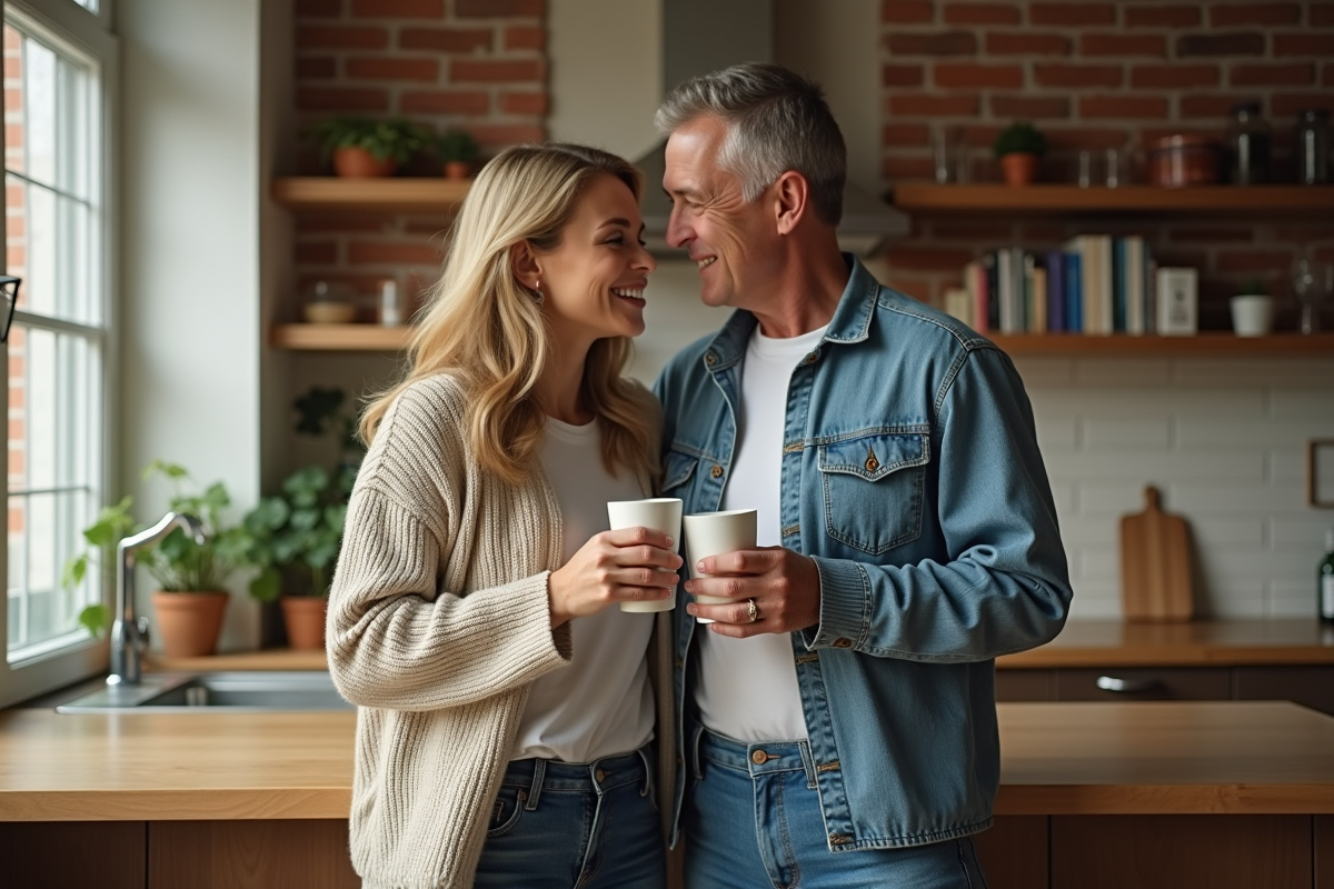 Couple en intérieur cuisine partageant un café