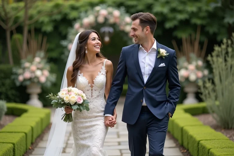 Jeune couple marié dans un jardin élégant et fleuri