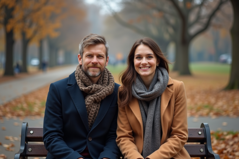 Couple assis sur un banc dans un parc automnal