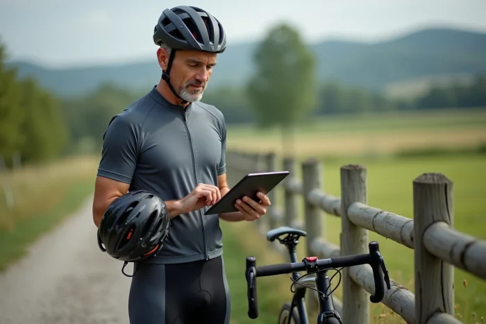 Cycliste consultant des comparatifs d'équipement sportif sur tablette avant une sortie vélo en campagne