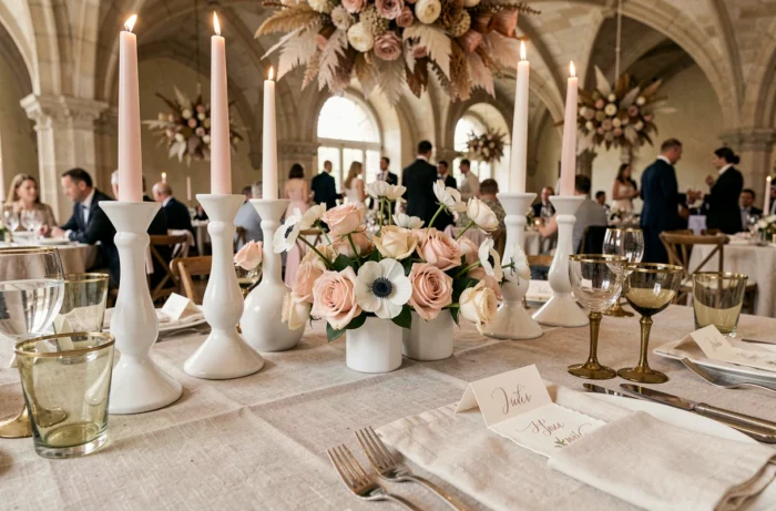 Décoration de table de mariage tendance avec roses garden, bougeoirs en céramique et calligraphie sur nappe en lin brut