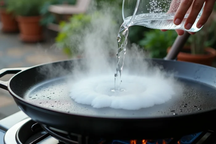 Eau froide versée sur une plancha chaude créant un choc thermique avec de la vapeur visible