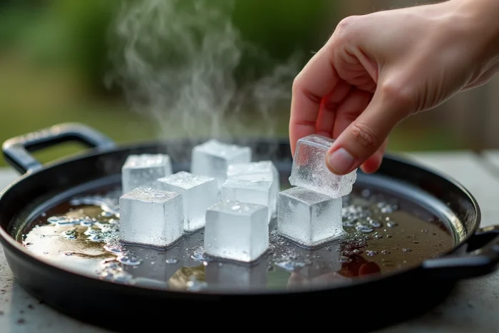 Glaçons posés sur une plancha en fonte émaillée tiède pour un déglaçage progressif