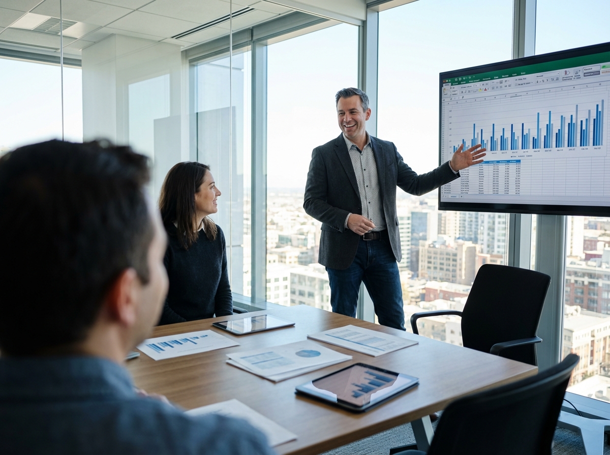 Designer homme en réunion discutant de graphiques et chiffres