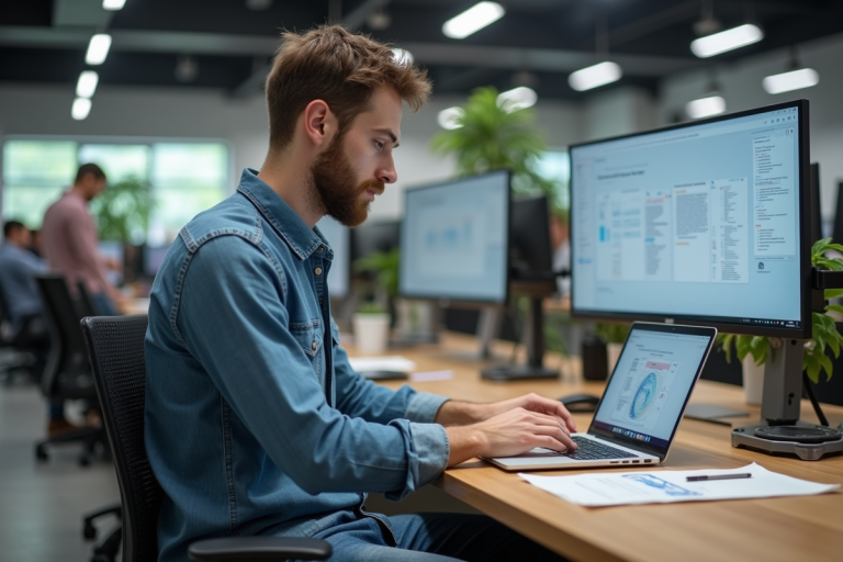 Jeune developpeur logiciel au bureau avec diagrammes