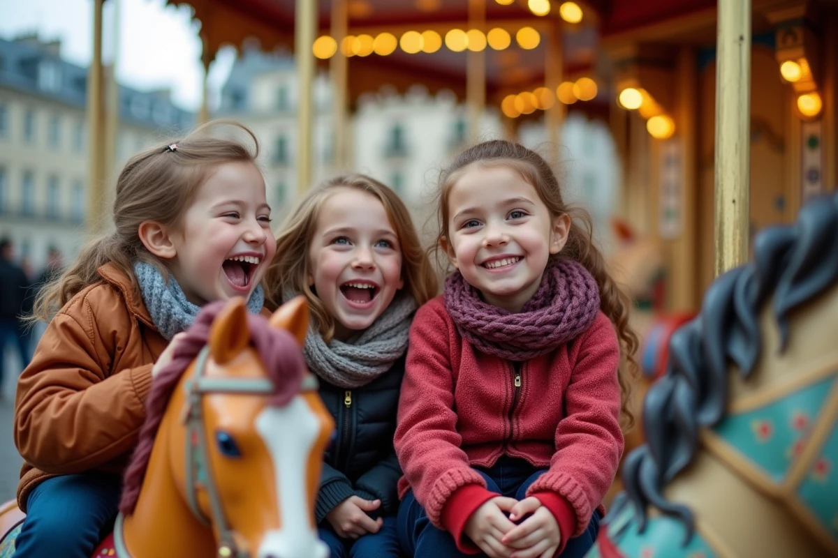 Enfants riant sur un manège coloré à Paris