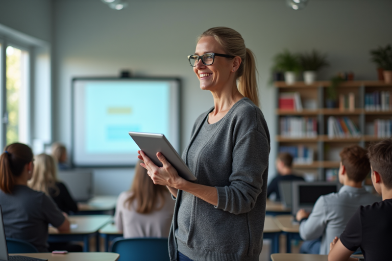 Femme en classe moderne avec tablette et tableau numérique