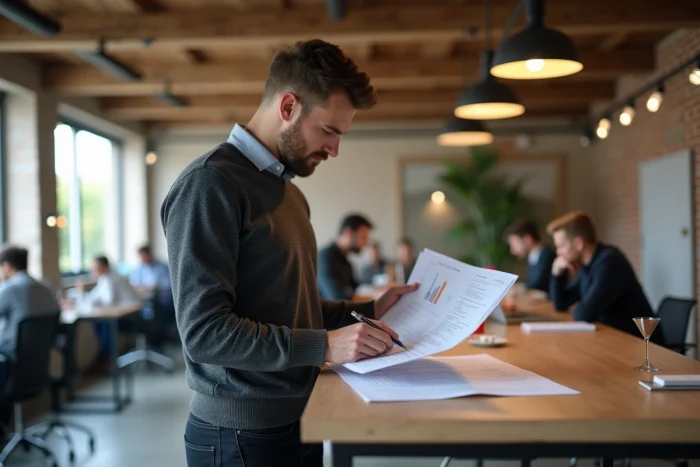 Entrepreneur masculin analysant un plan de développement commercial dans un espace de co-working moderne