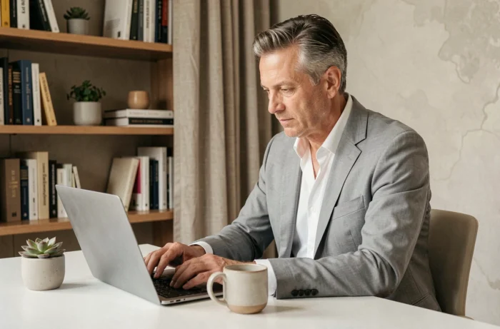 Chef d'entreprise consultant les dernières tendances business sur un ordinateur dans un bureau à domicile moderne