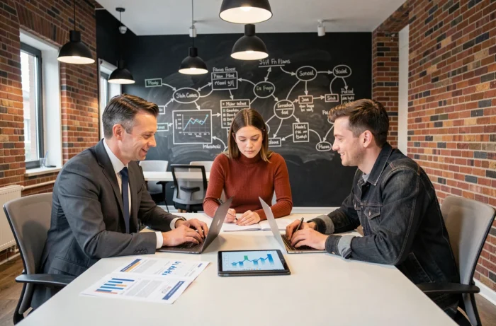 Équipe de professionnels collaborant sur les nouvelles tendances business autour d'une table de réunion moderne