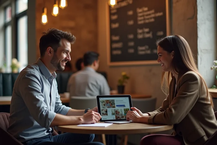 Deux collègues discutant d'une stratégie de marketing digital pour développer leur entreprise en ligne dans un bureau moderne