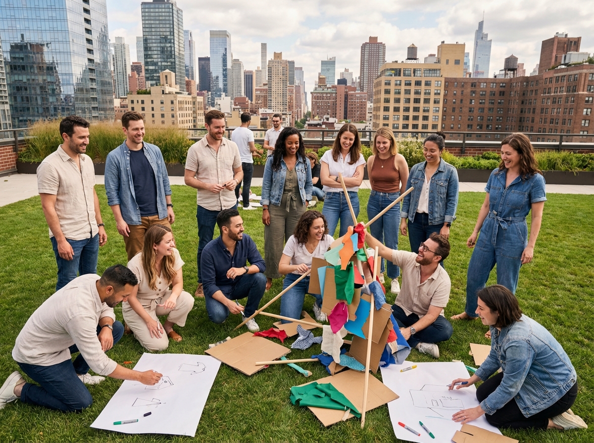Équipe créative en activité sur un rooftop avec vue urbaine