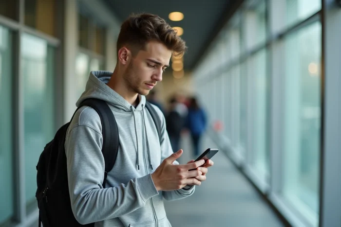 Étudiant consultant la liste d'attente E-candidat Sorbonne Nouvelle sur son smartphone dans un couloir universitaire