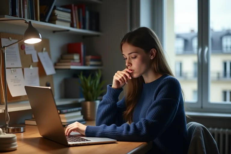 Étudiante consultant sa réponse d'admission sur E-candidat depuis son appartement parisien
