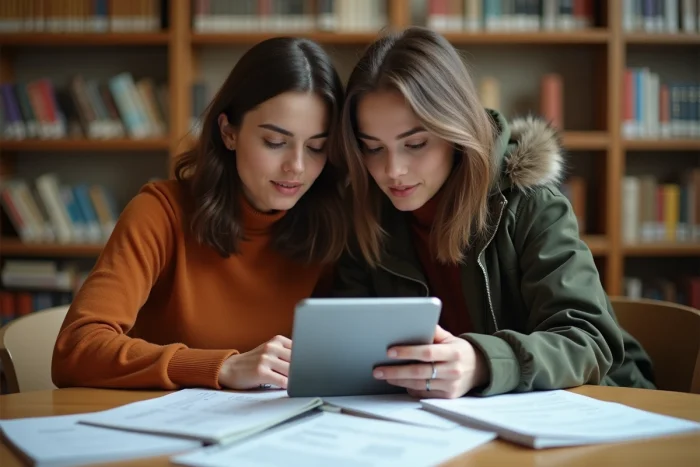 Deux étudiantes révisant ensemble les réponses et listes d'attente sur E-candidat à la bibliothèque universitaire