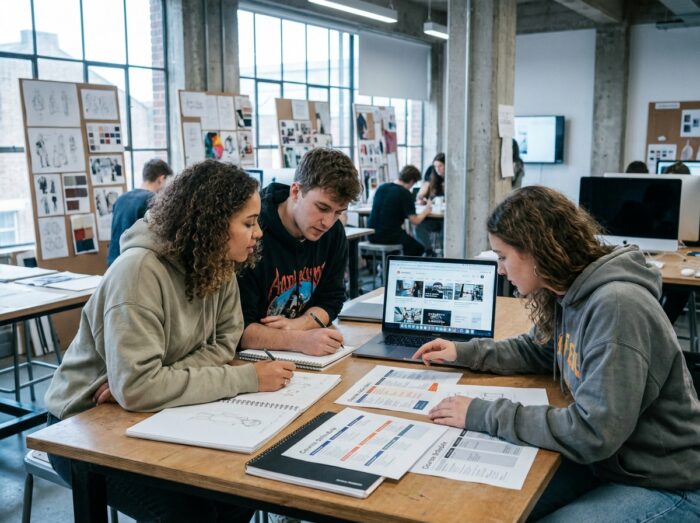 Gruppo di studenti in arte che confrontano programmi di formazione artistica in una scuola di design