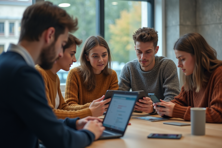 Jeunes étudiants français en discussion dans une salle moderne