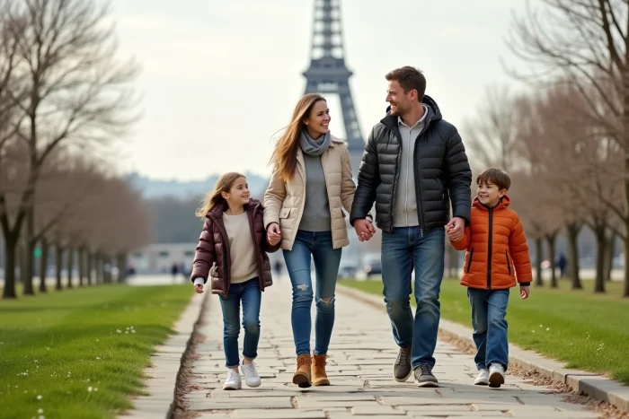 Famille souriante près de la tour Eiffel à Paris