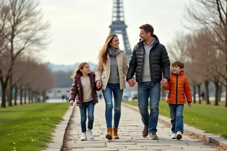 Famille souriante près de la tour Eiffel à Paris