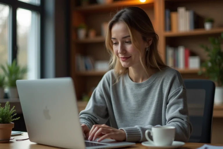 Femme utilisant un portail de services en ligne Akeonet sur un ordinateur portable dans un bureau à domicile moderne